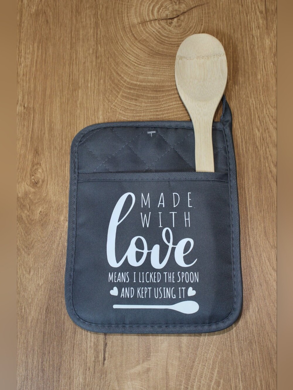 Handmade Gray Kitchen Potholder With Wooden Spoon